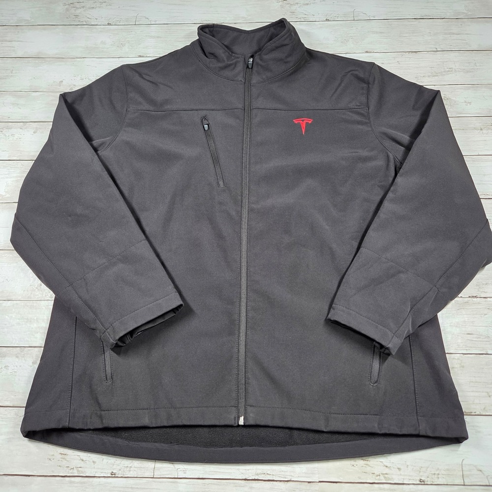Tesla Motors Softshell Jacket Full Zip Fleece Lined Mens XL Black Red Logo